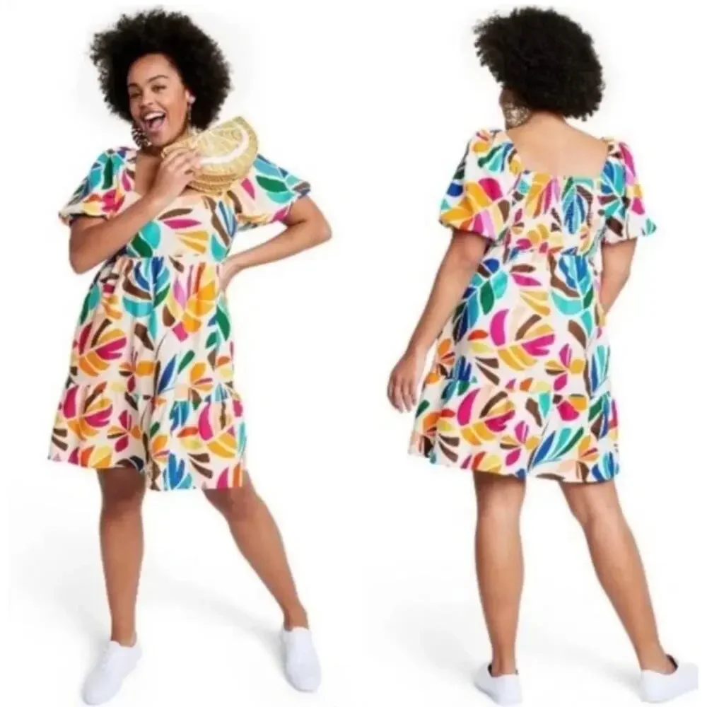 Tabitha Brown X Target Botanical print puff sleeve Mini Dress - Picture 1 of 8